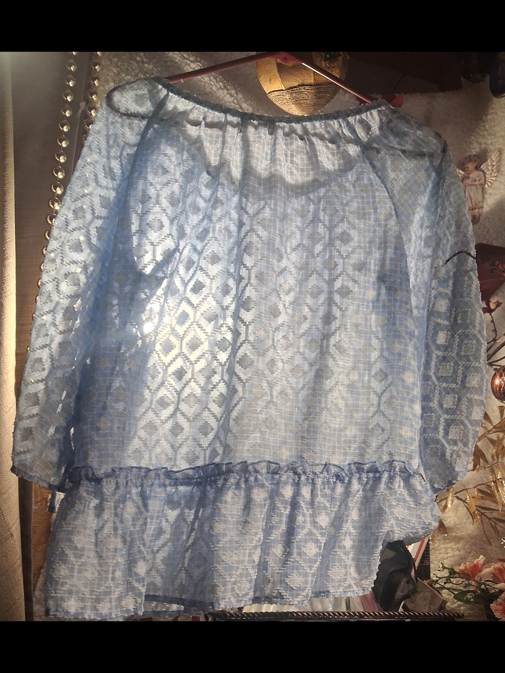Democracy Light Blue Checked Boho Top with Lace Detail